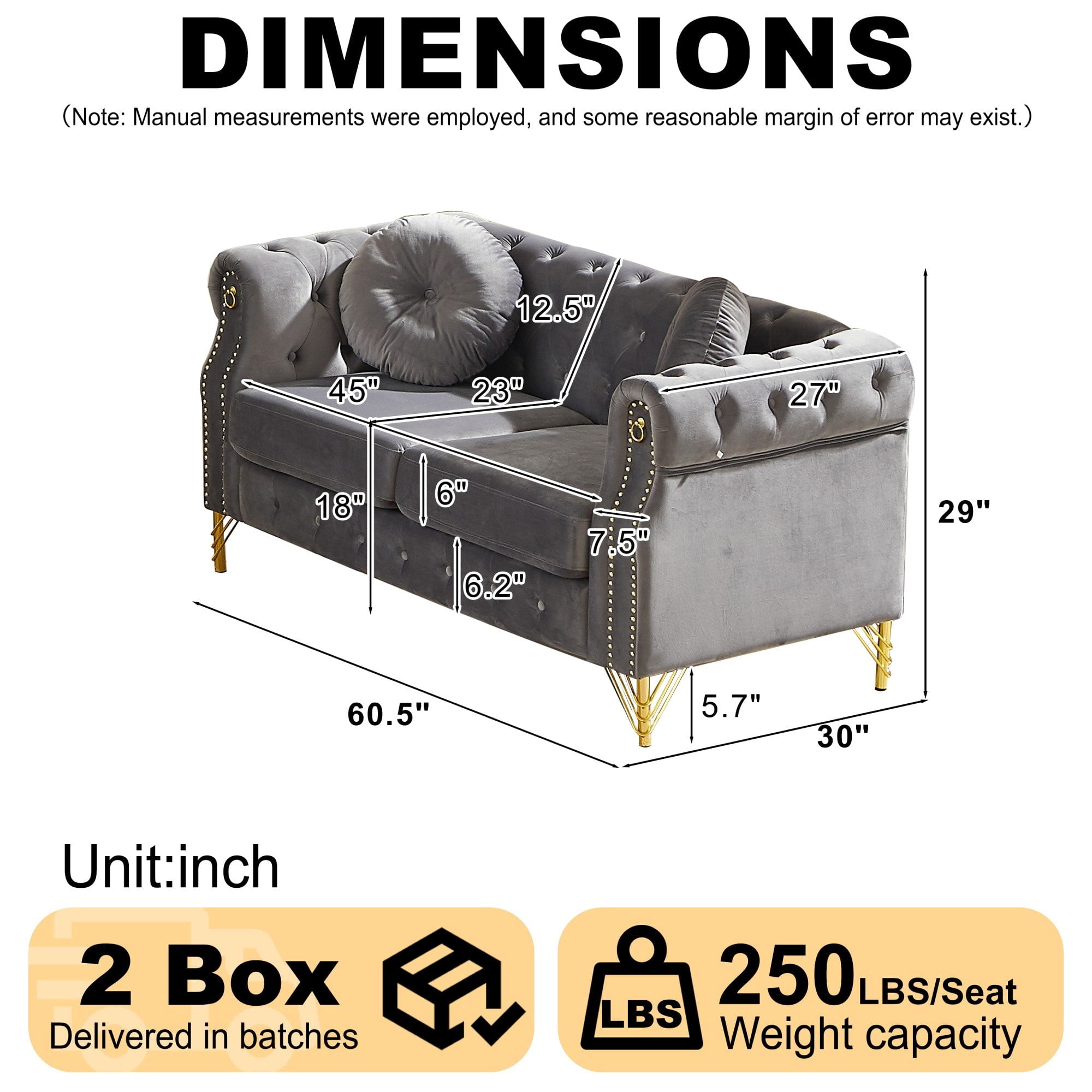 Sailvan 60.5" Velvet Chesterfield Loveseat, 2-Seater Tufted Sofa with Nailhead Trim, Gold Metal Legs & 2 Round Pillows for Living Room Grey