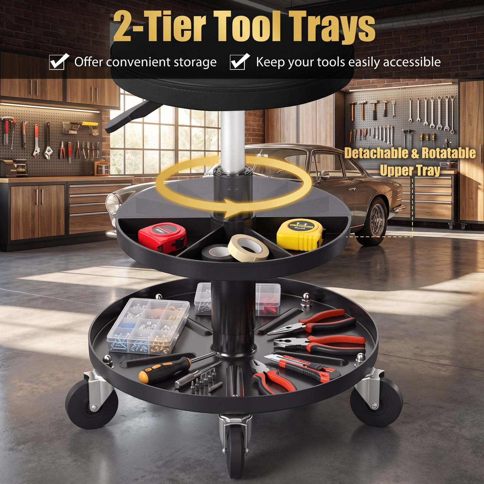 Furnibear Rolling Mechanic Stool with Wheels, 16.5-22 in Adjustable Height Swivel Shop Stool, 2-Tier Tool Trays, PU Leather Padded Seat, 360 Degree Casters, 265, Black