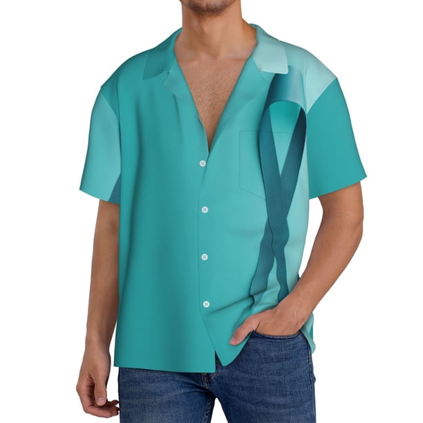 Fotbe a Teal Ribbonin Camisa Estampada de Manga Corta para Hombre, Casual de Verano, Estilo Playero, Sin Arrugas-Medium