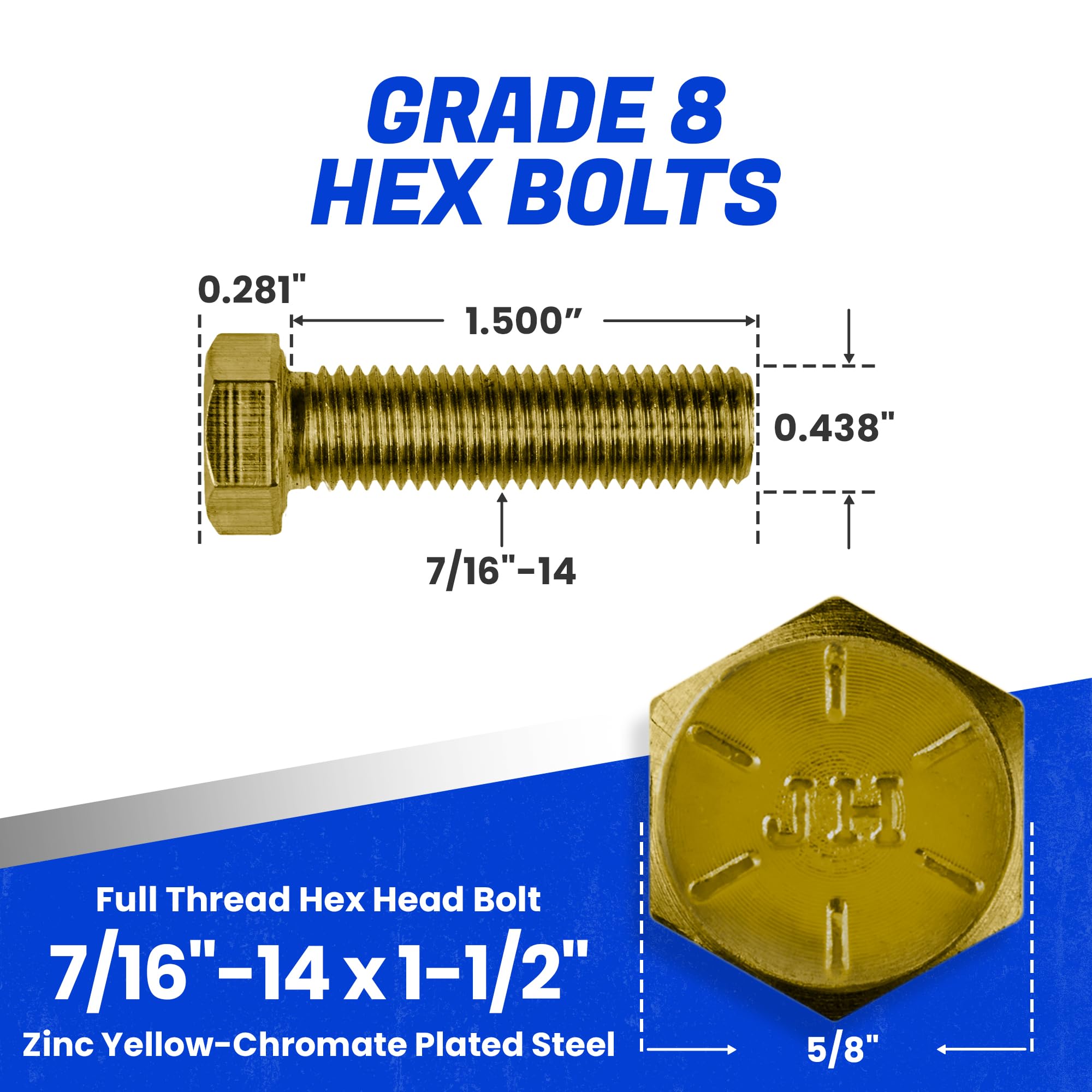 Fastenere 7/16"-14 x 1-1/2" Hex Bolts Grade 8 Zinc Yellow-Chromate Plated Steel, Fully Threaded Durable Hex Bolts for Machinery & Construction, Rust-Resistant, Heavy-Duty Fasteners, Pack of 10