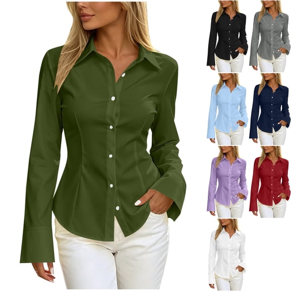 Women's Button Down Dress Shirts Long Sleeve Collared Tailored Fit Stretch Blouse Curved Hem for Work Office Business Casual, Army Green, L