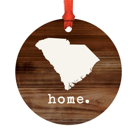 US State Round Metal Christmas Ornament, Rustic Wood Print, South Carolina, Includes Ribbon and Gift Bag