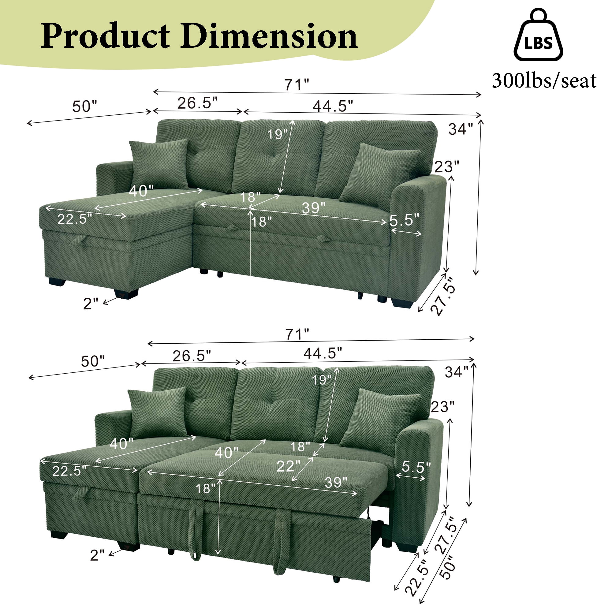 Howcool Sectional Sleeper Sofa with Pull-Out Bed,Reversible Storage Chaise,L-Shaped Convertible Couch for Small Living Room,Dark Green,Coffee Bean