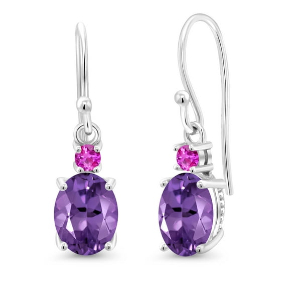 Gem Stone King 10K White Gold Purple Amethyst and Pink Sapphire Dangle Earrings for Women (2.16 Cttw, Gemstone Birthstone, Oval 8x6mm)