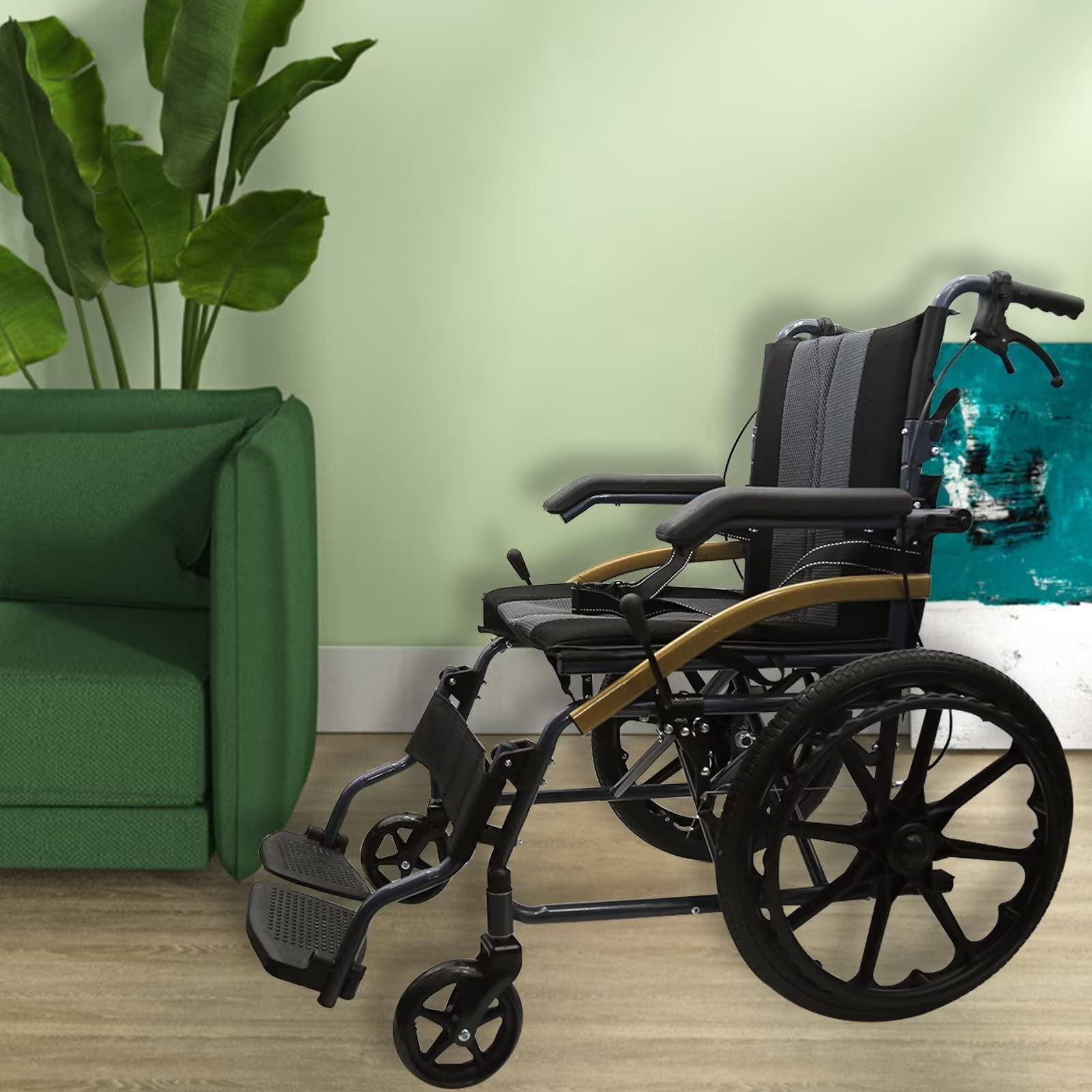 Transport Wheelchair Lightweight Foldable, Elderly Wheelchairs with Swivel Footrests, Dual