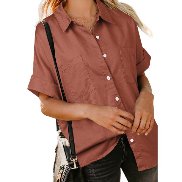 Astylish Jean Shirts for Women Lapel V Neck Short Sleeve Denim Button