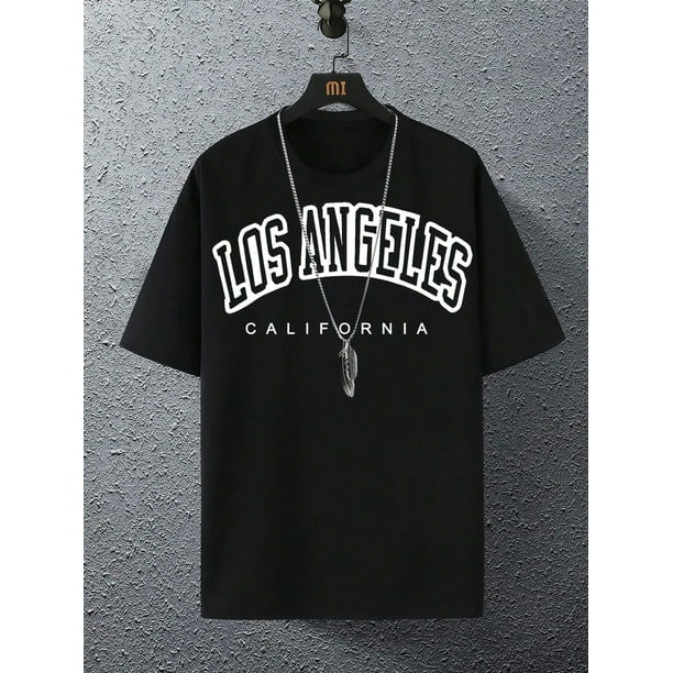 Camiseta gráfica de Los Ángeles, California, para niño - Camiseta informal negra de manga corta con estampado de letras blancas, algodón ligero para jugar al aire libre en verano, ropa de exterior |