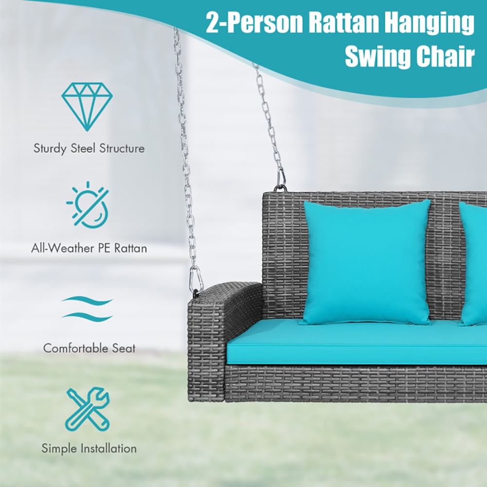 Aimee Lii 2-Person Patio PE Wicker Hanging Porch Swing Bench Chair Cushion 800 Pounds, Outdoor Patio Furniture, Turquoise