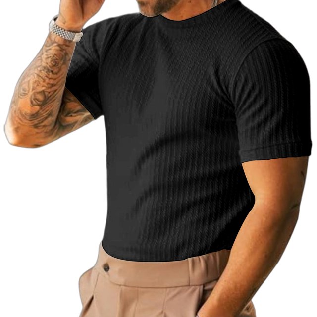 Tops para hombre, blusas y camisas de manga corta con cuello redondo para hombre, camiseta de punto acanalada para hombre, camisa informal de manga corta con cuello redondo y textura ajustada, blusa p