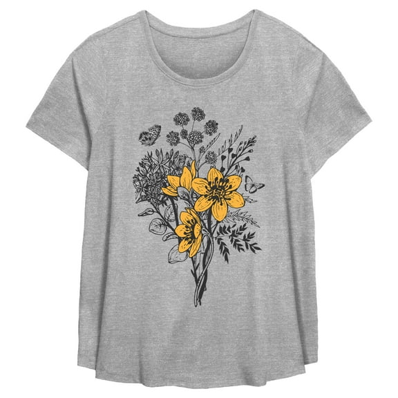 Women's Lost Gods Yellow Flower Sketch  Graphic T-Shirt