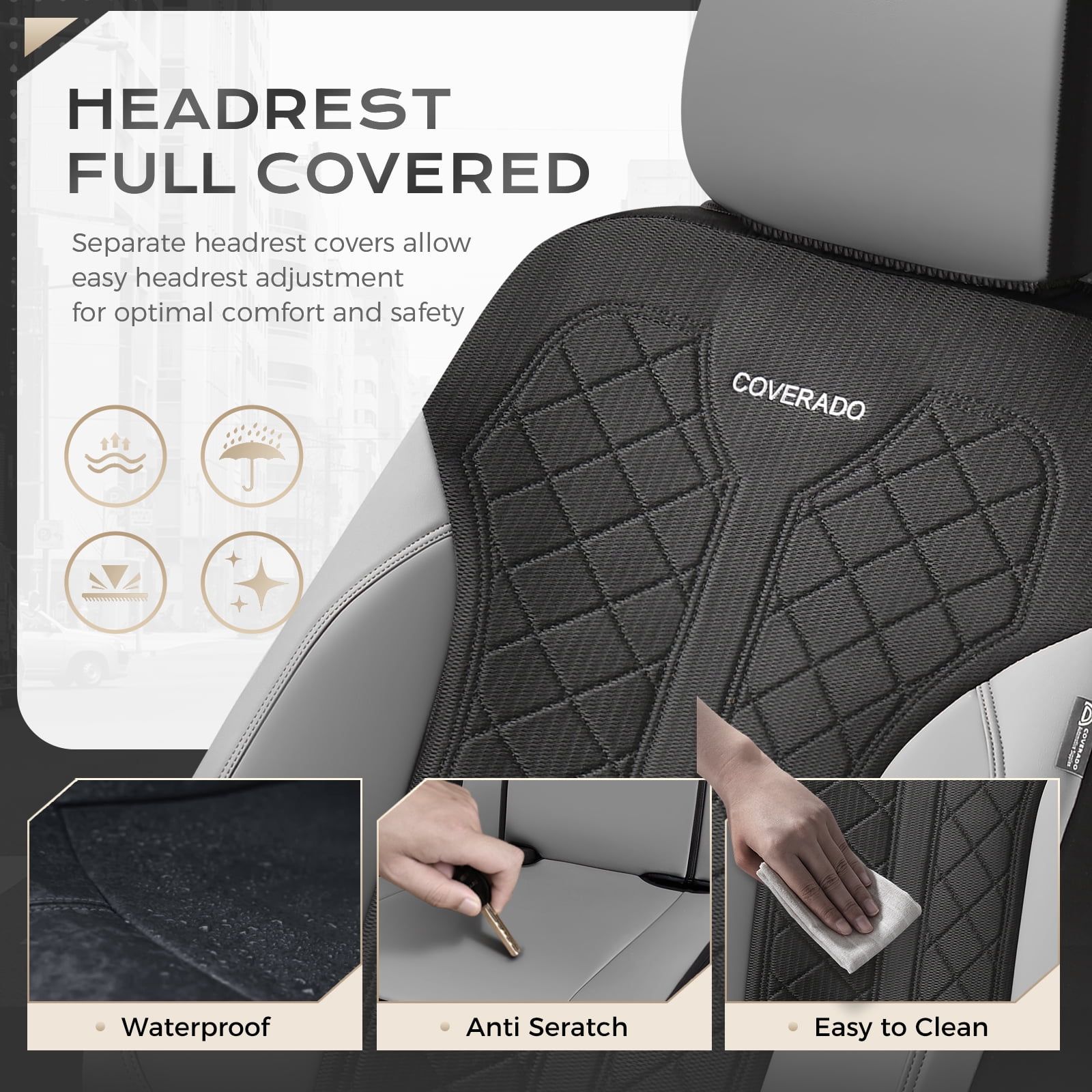 Coverado Front Car Seat Covers, 2 Seats Luxury Faux Leather Seat Protectors, Universal Fit for Most Cars, Black&Gray