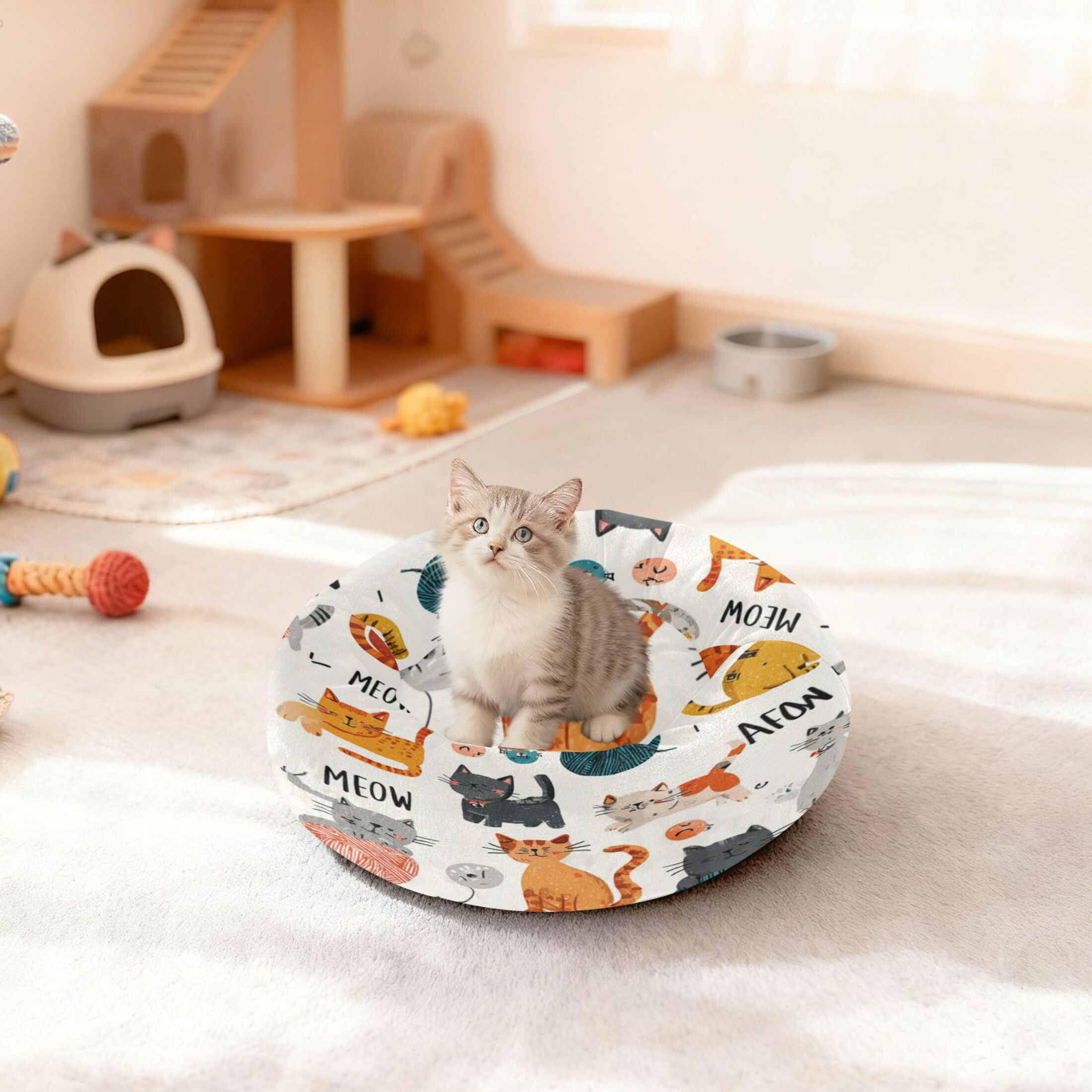 Iauyy Pet Couch Donut Cat Bed for Indoor Cats/Small Dogs Washable & Machine with Non-slip Bottom Calming Cat Furniture, Ball Of Yarn (M)