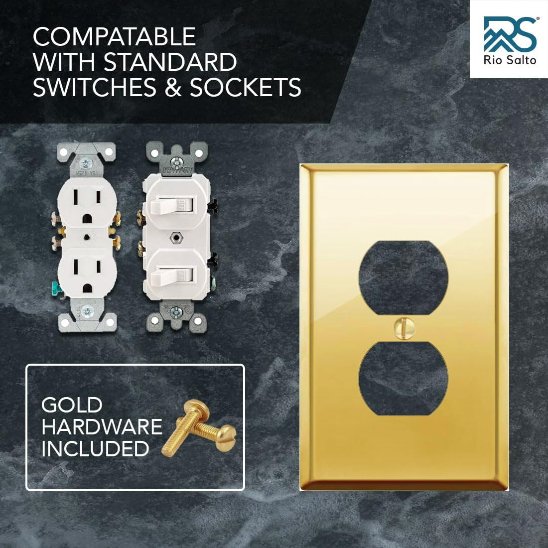 Rio Salto BRASS Signature Collection Polished Gold Standard Size Metal Duplex Outlet Cover Light Switch Cover Wall Plate Single Receptacle Wallplate Covers 5-Pack Polished Shiny Gold
