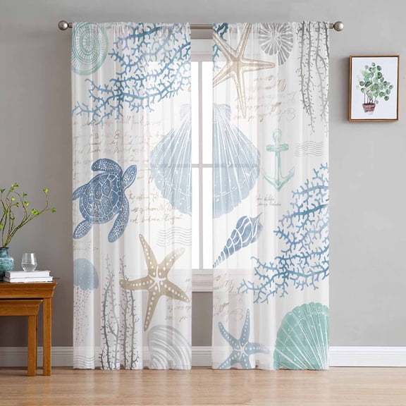 Blue Coastal Nautical Sheer Curtains 45 Inch Length 2 Panels Set for Living Room/Bedroom, Beach Sea Turtle Ocean Coral Starfish Curtain Sheers Drapes Rod Pocket Curtains Window Treatment 52''x45''x2