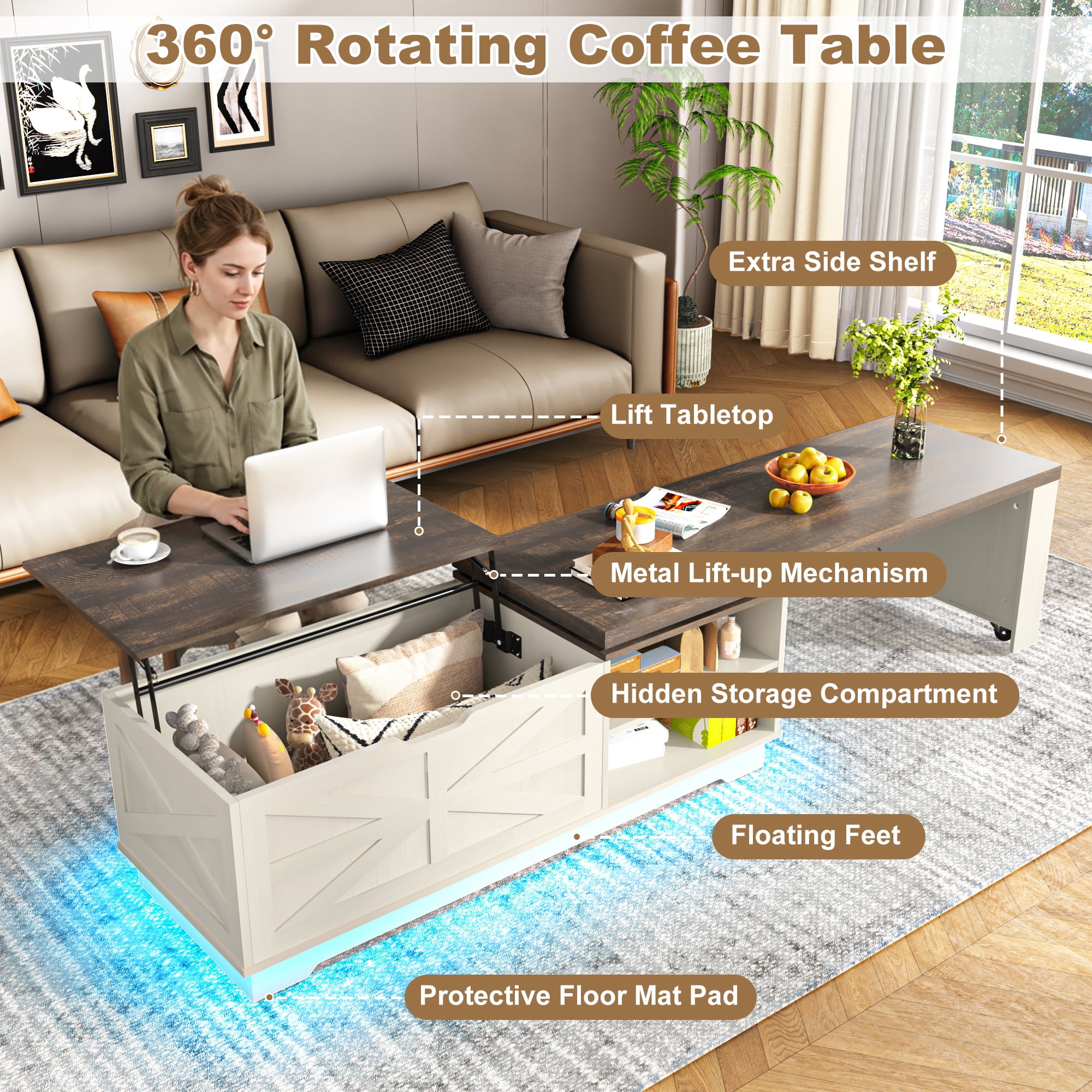 ANPOO 90°/180° Rotating Lift Top Coffee Table W/ LED Lights & Power Outlets, 57"-90" Extendable Farmhouse Coffee Table with Hidden Storage, L-Shaped Coffee Table for Living Room, Vintage White
