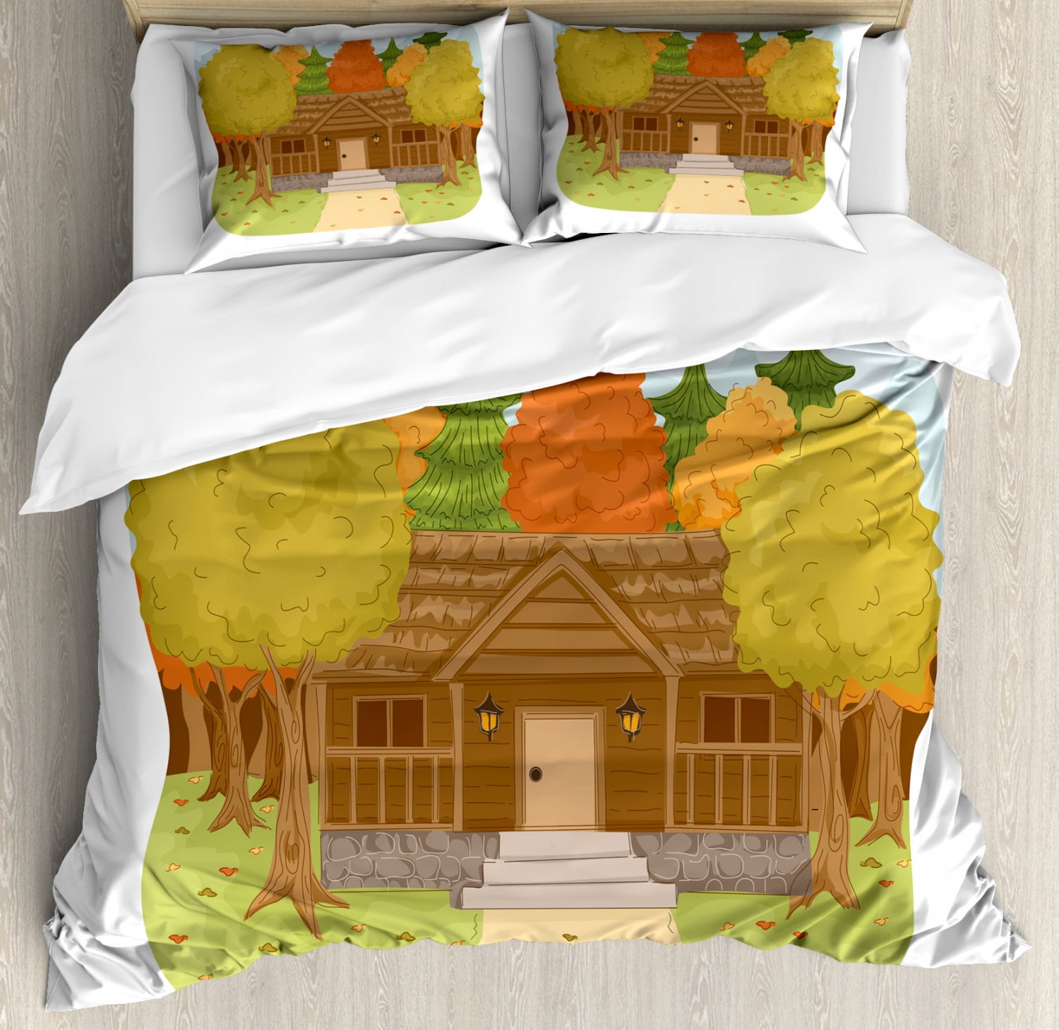 Country King Size Duvet Cover Set Log Cabin Surrounded By Autumn