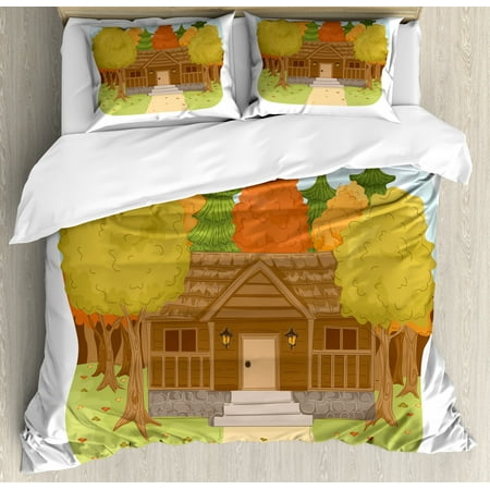Country King Size Duvet Cover Set Log Cabin Surrounded By Autumn