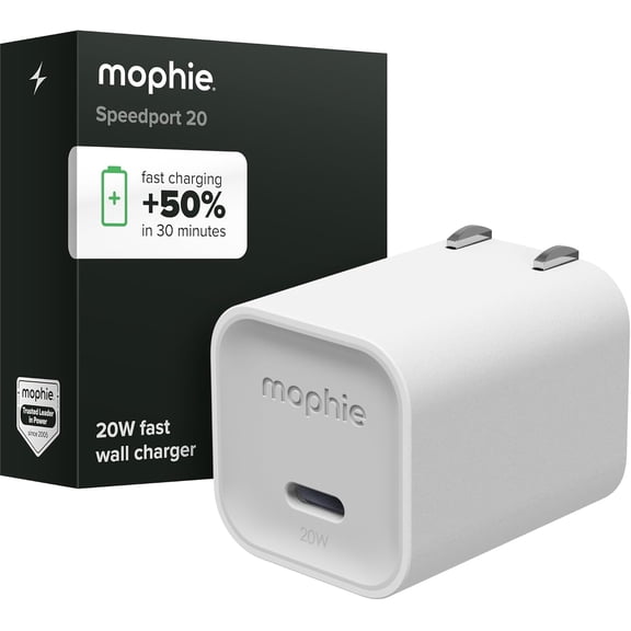 Mophie Speedport 20 GAN USB-C Charger Block - 20W Fast Wall Charger 1× USB‑C PD Port Compact Foldable Prongs Made with Recycled Materials for Smartphones Tablets Headphones