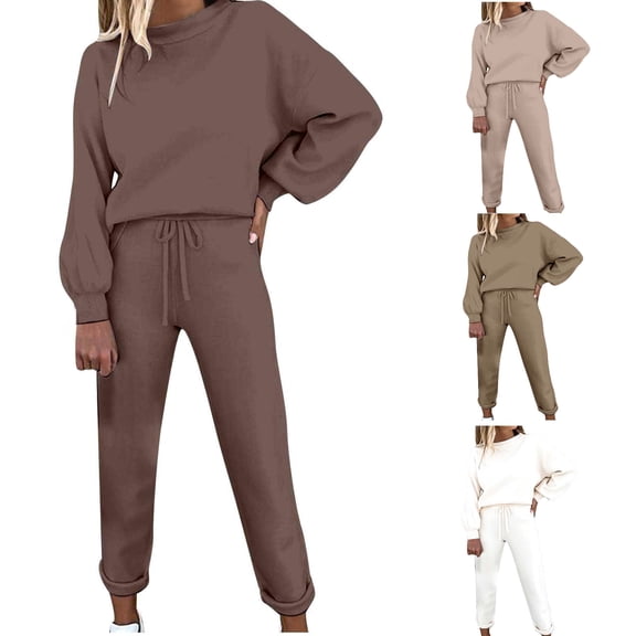 ibuvkizy Two Piece Sets for Women,Summer Casual Outfit Sets,Women Jogger Outfit Plus Size,Women's Solid Color Pullover Long Sleeve Top Casual Pants 2 Piece Set,Womens Clothing