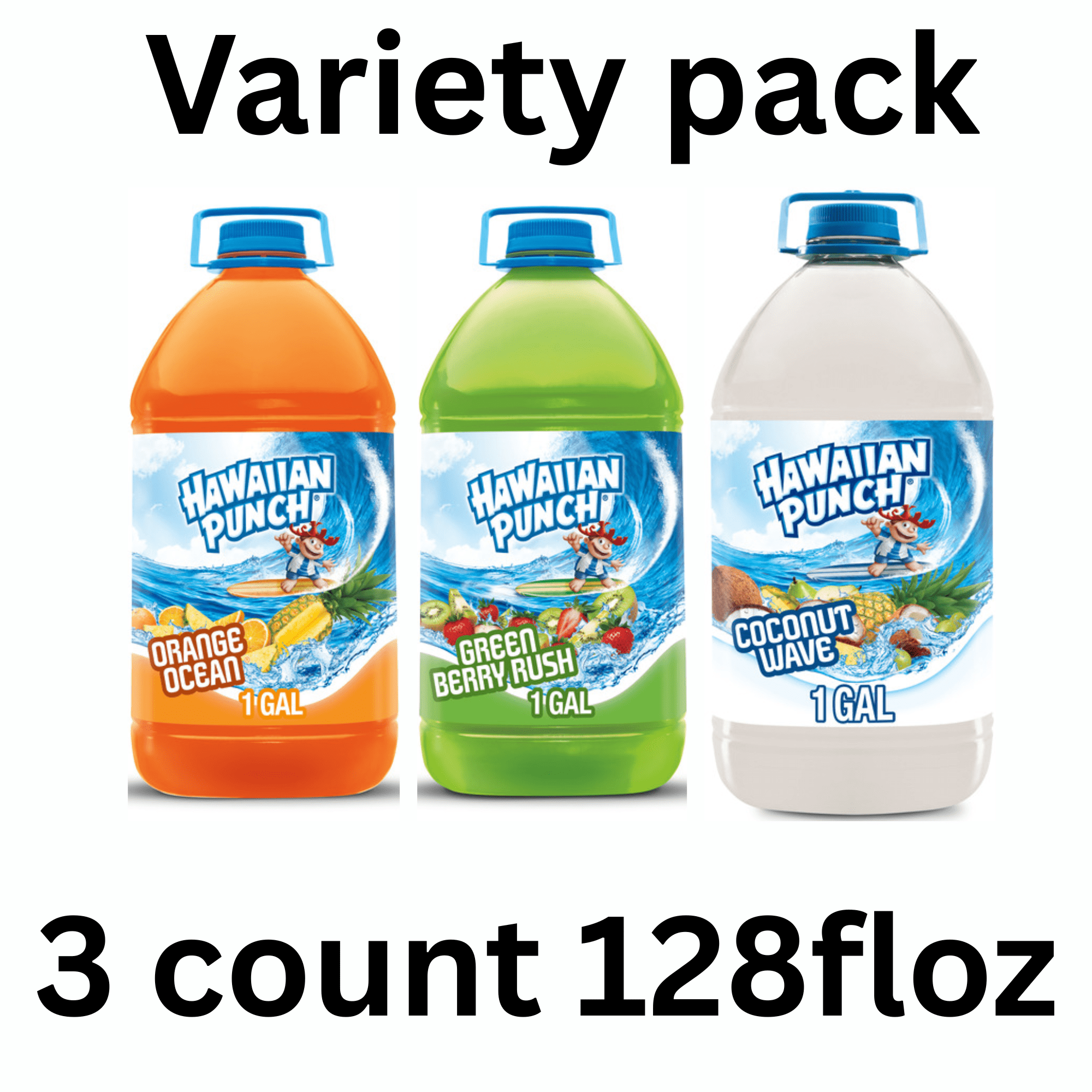 Hawaiian Punch Variety Pack, Orange Ocean, Green Berry Rush & Coconut Wave, 128 fl oz Bottles, 3 Pack