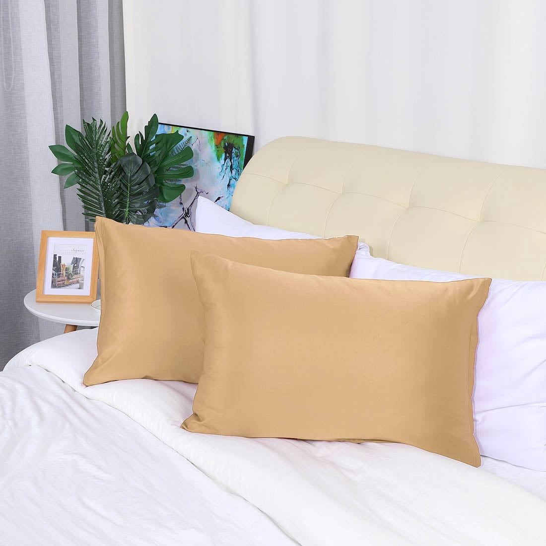 Unique Bargains Set of 4 Silky Satin Pillowcases Pillow Cover Gold Queen
