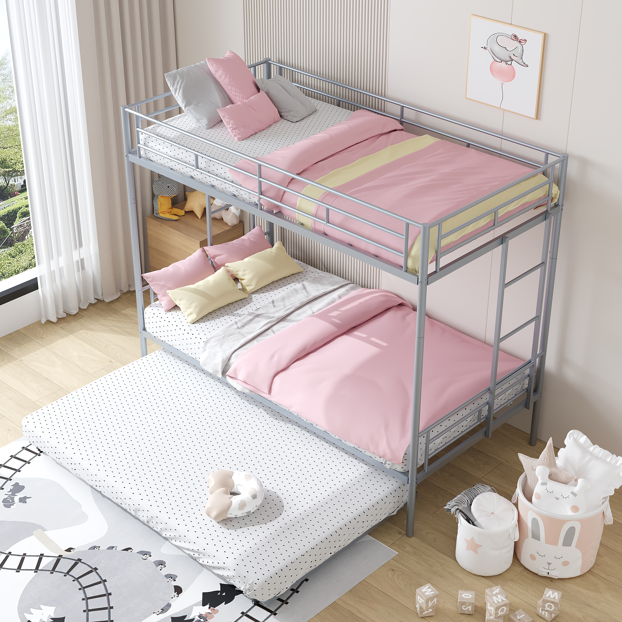 uhomepro Metal Twin Over Twin Bunk Beds with Trundle Bed, Twin Bunk Beds for Kids Adults Teens, Bunk Bed Can Be Divided Into 2 Twin Beds with Trundle, 2 Ladders, No Box Spring Need, Silver - image 2 of 13