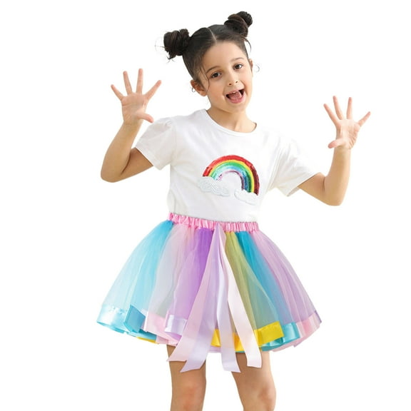 TOOYOU Girls Skirts Kids Rainbow Color Matching Party Skirts Patchwork Layered Ballet Mesh Tulle Tutu Skirts Sweet Girl Summer Short Skirt Size 9-11 Years Pink