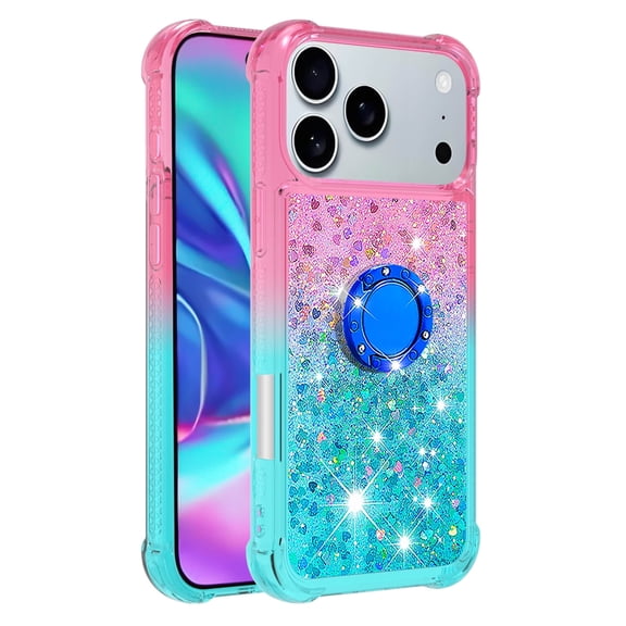 Phone Case for iPhone 17 Pro Case with Ring Kickstand, Cute Glitter Bling Sparkle Quicksand Flowing Liquid Clear Gel Silicone ShockProof Cover for iPhone 17 Pro Girls-B3