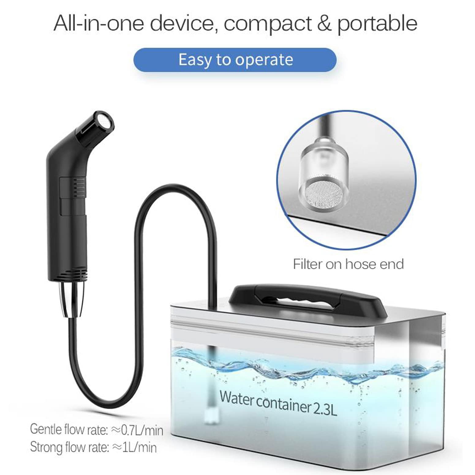 Electric Rechargeable Handheld Personal Travel Bidet Portable For Toilet Bathroom And Outdoor Hiking Strong - Soft Options Refreshing Clean With 2.3l Water Storage (black 2.3l)