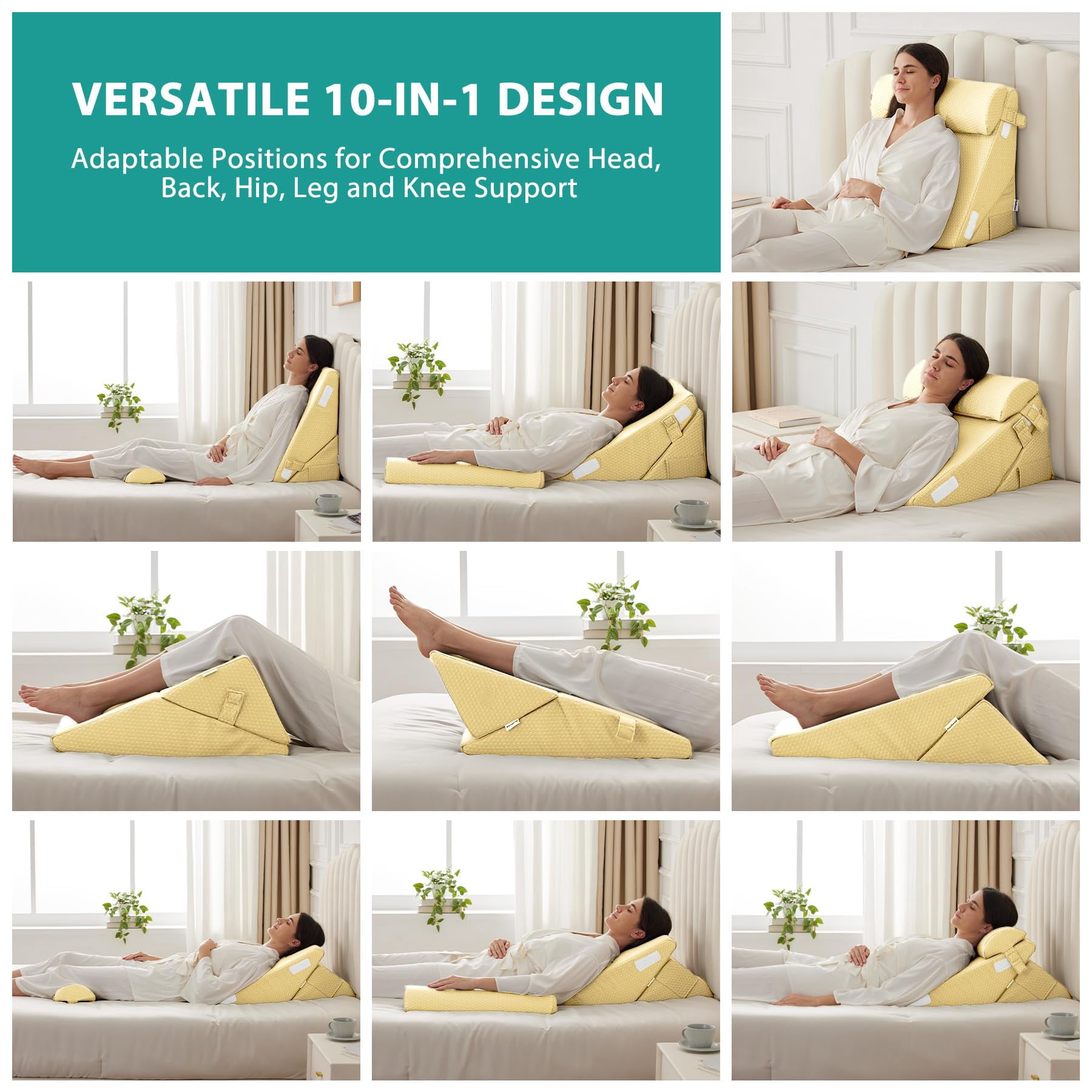 Adjustable 3pcs Bed Wedge Pillow Set  Memory Foam Pillows For Neck Leg Sleeping Sitting Up In Acid Reflux And Beige Yellow