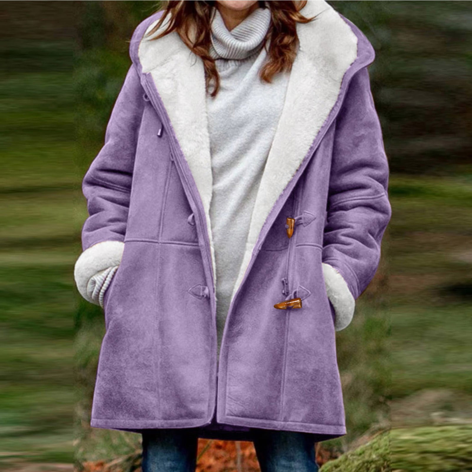 TQWQT Winter Warm Sherpa Lined Coats Jackets for Women Plus Size Hooded  Parka Faux Suede Long Pea Coat Outerwear 