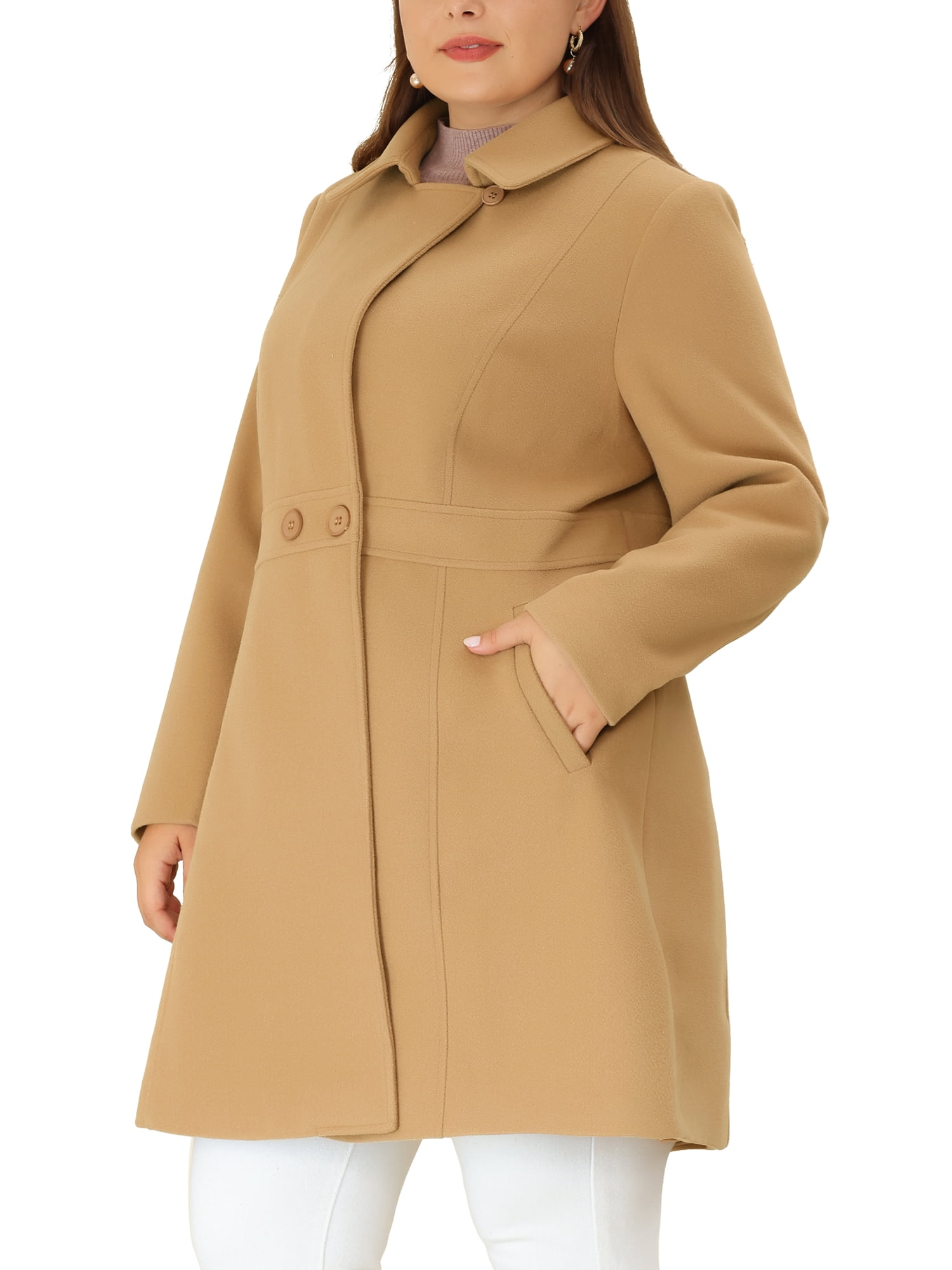 Unique Bargains Women's Plus Single Breasted Cinched Waist Winter Pea Long Coat 4X Khaki
