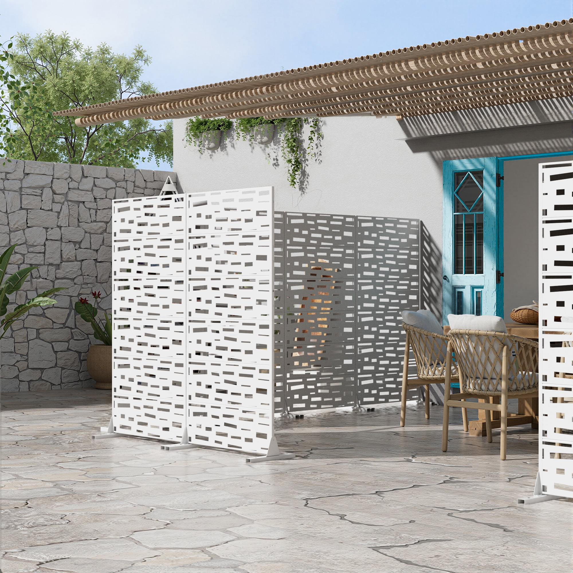 MAYEERTY 72 × 35in Outdoor Privacy Screen with Stand Metal Balcony Decorative Screen, White