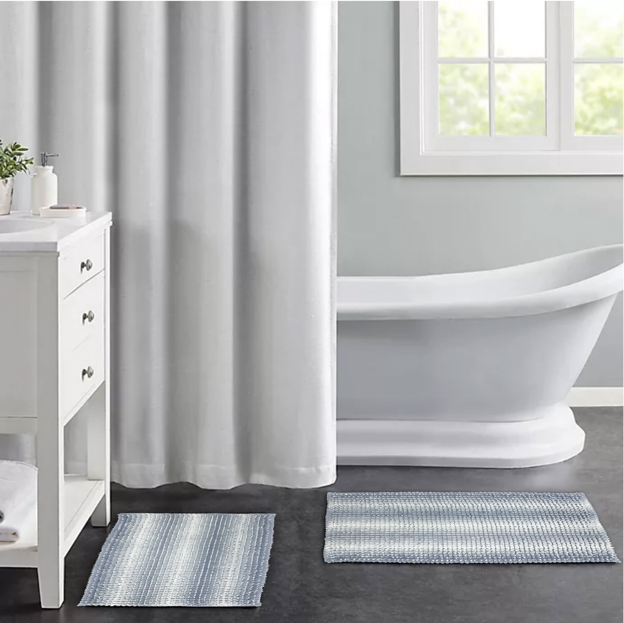 Blossom and Vine Blue Poly Chenille Noodle Bath Rugs, 17 x 24 20 x 30, Non-Slip Backing (2 Count))