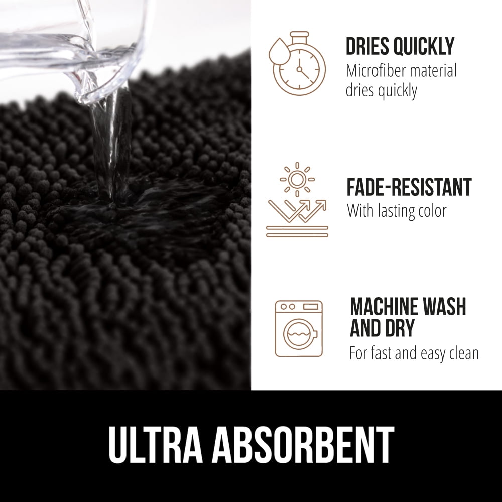 GORILLA GRIP Chenille Bath Rug 24x16, Rubber Backing Quick Dry Washable Microfiber Mats, Black