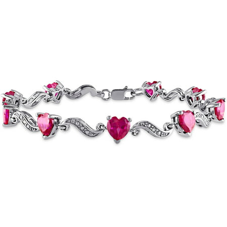 9-1/10 Carat T.G.W. Created Ruby and Diamond Accent Sterling Silver Heart Bracelet, 7