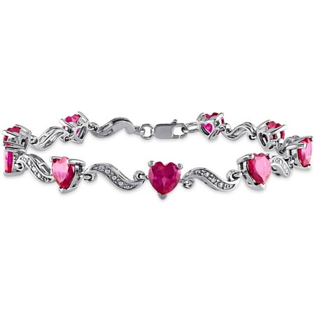 9-1/10 Carat T.G.W. Created Ruby and Diamond Accent Sterling Silver Heart Bracelet, 7"