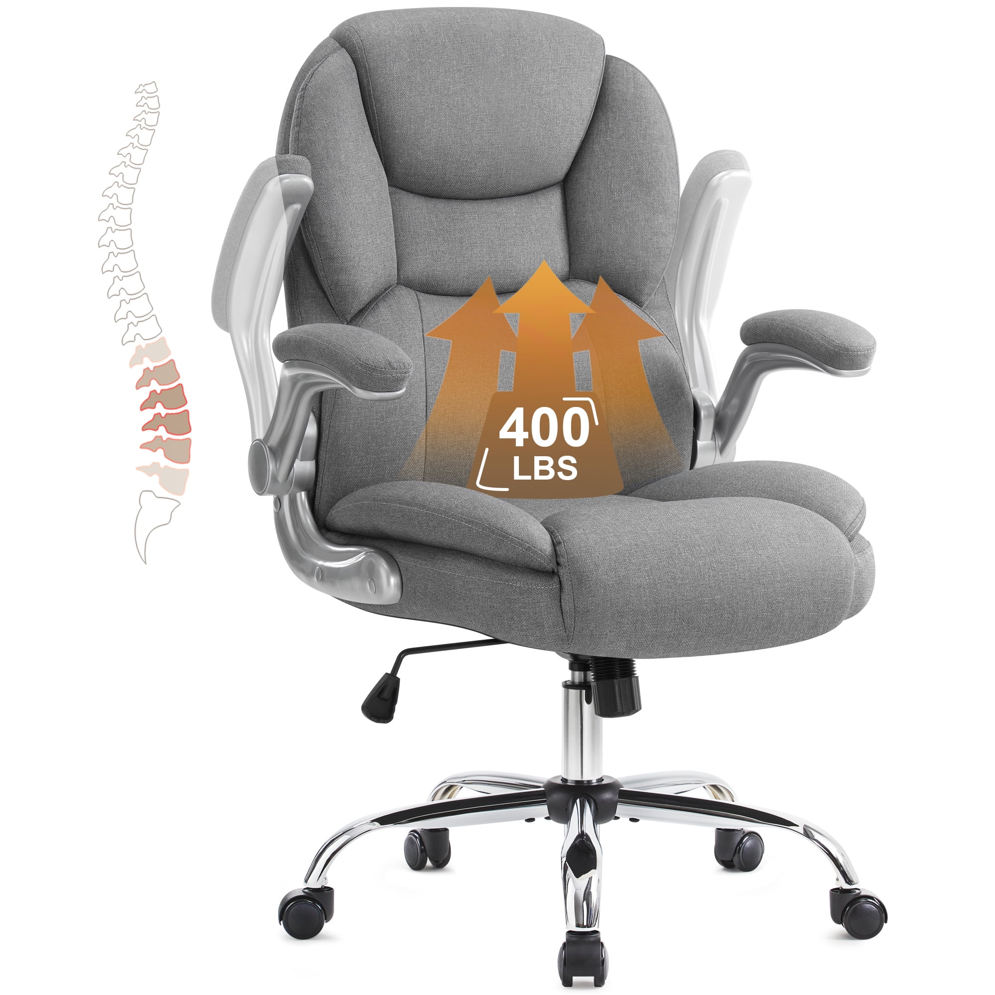 Gray Executive Office Chair, Ergonomic Big and Tall Computer Desk Chair, High Back with Padded Flip-up Armrest, Lumbar Support Swivel Rolling Chair