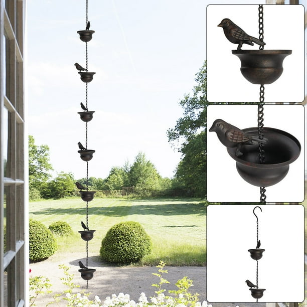 Cadena de lluvia móvil con pájaros en vasos de 2,4 m | Drenaje de agua de lluvia decorativo para exteriores con colibríes | Acabado negro antiguo para decoración de jardín, porche y patio