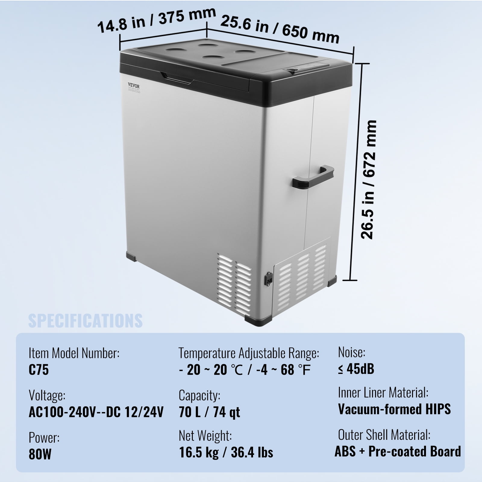 VEVOR Car Refrigerator, 12 Volt Car Refrigerator Fridge, 70 L Single Zone Portable Freezer, -4℉-68℉ Adjustable Range, 12/24V DC and 100-240V AC Compressor Cooler