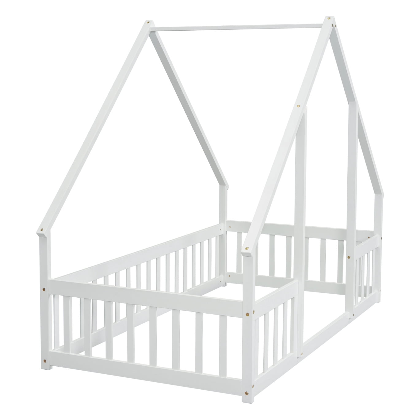 Twin Size Floor Bed, Wooden House-Shaped Bed Frame with Guardrails, Roof, Multifunctional House Bed Frame for Toddlers, Kids, Girls, Boys, Teens, Adults, White