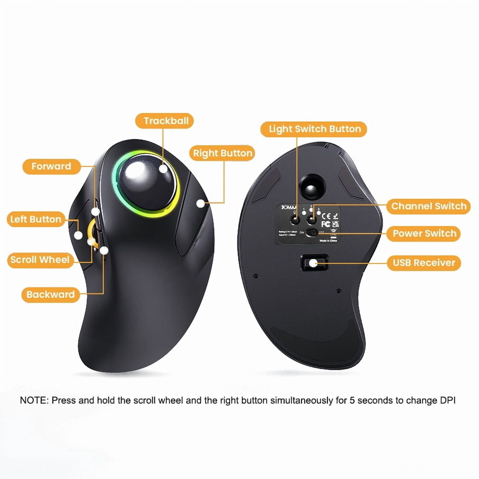 Jomaa Wireless Ergonomic Trackball Mouse, Rechargeable, Bluetooth Rollerball Mouse, Index Finger Trackball, 1600DPI,