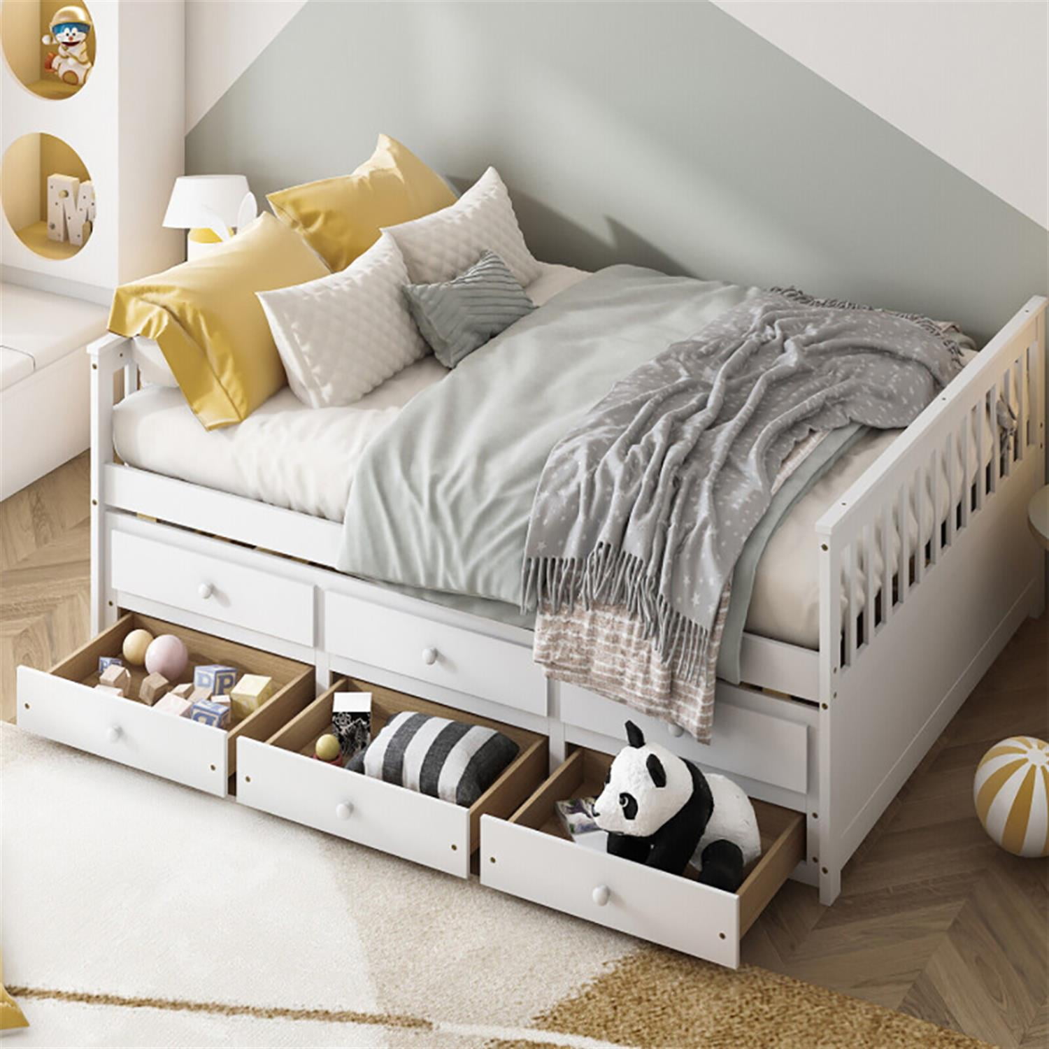 Demi Bonn Full Size Wood Daybed Frame with Trundle Bed and 3 Storage Drawers, Modern Bed Frame for Teens, White