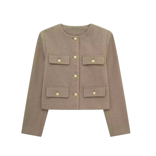 TRAFZA-abrigo Vintage liso para mujer, chaqueta de manga larga con cuello redondo con botones y bolsillo, ropa de abrigo informal elegante para Primavera, 2024