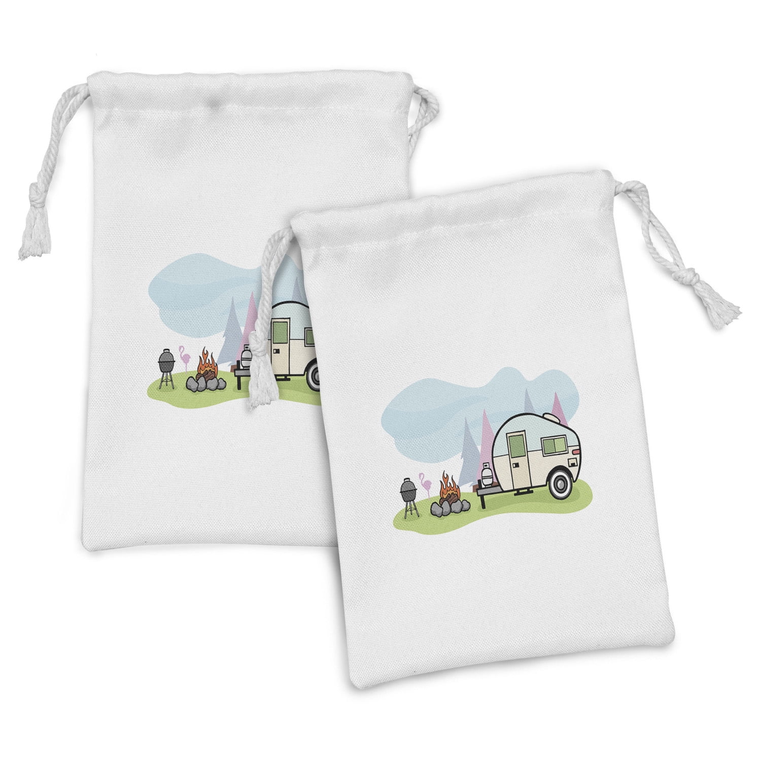 Travel Fabric Pouch Set of 2, Cartoon Style Design of a Camping Scene ...