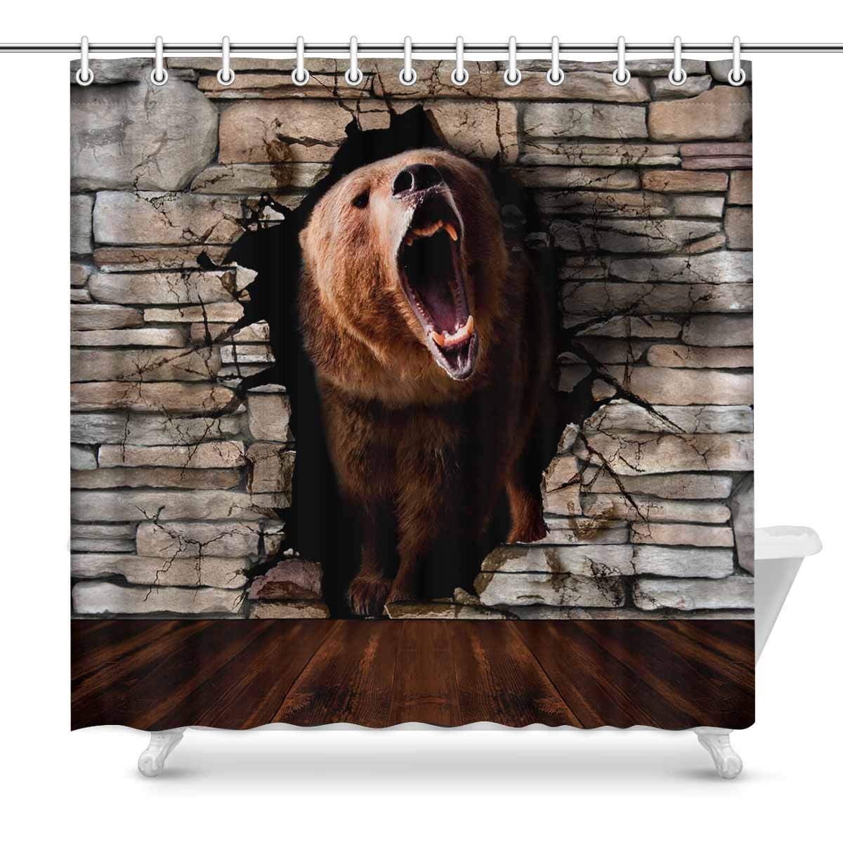 GCKG Bear Coming Out Brick Wall Shower Curtain, Animal Art Polyester