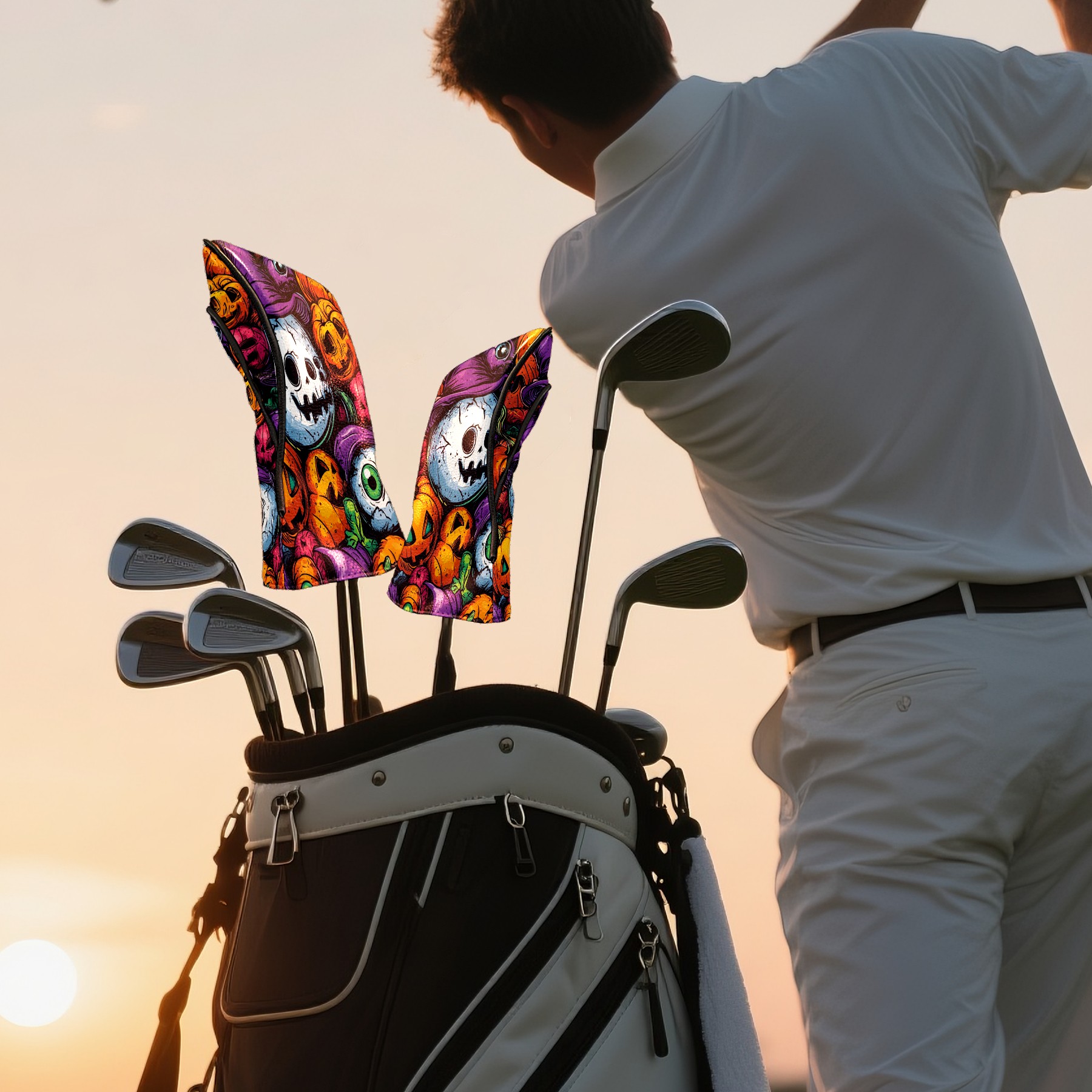 Golf Club Covers PU Leather Waterproof Head Covers for Fairway Woods Hybrids Pumpkin Eyeball