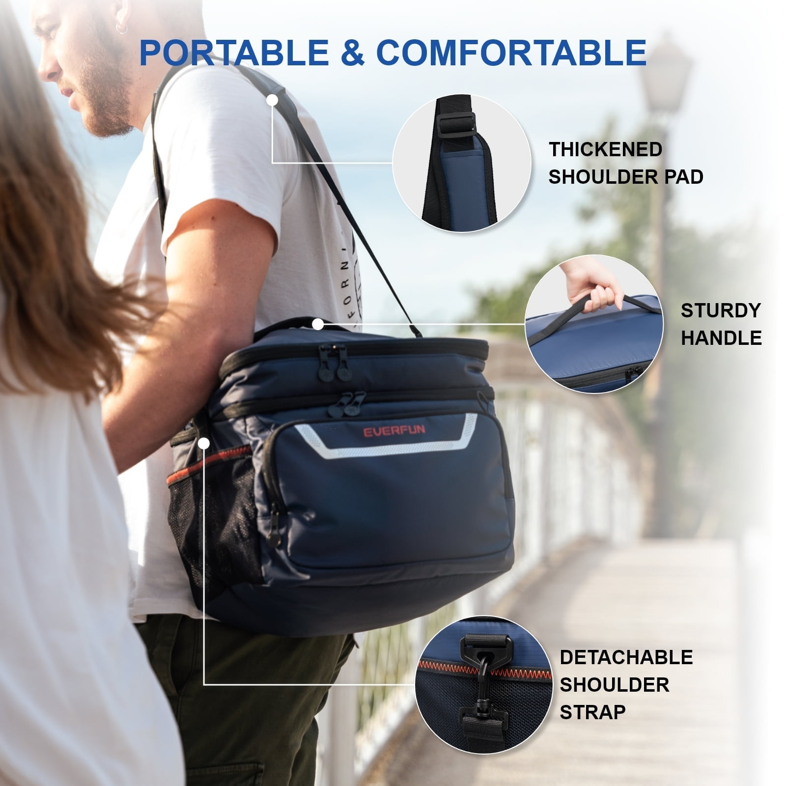 EVERFUN Insulated Cooler Bag Small Lunch Box 24 Can Beach Lunchbag Leakproof Dual Compartments Blue