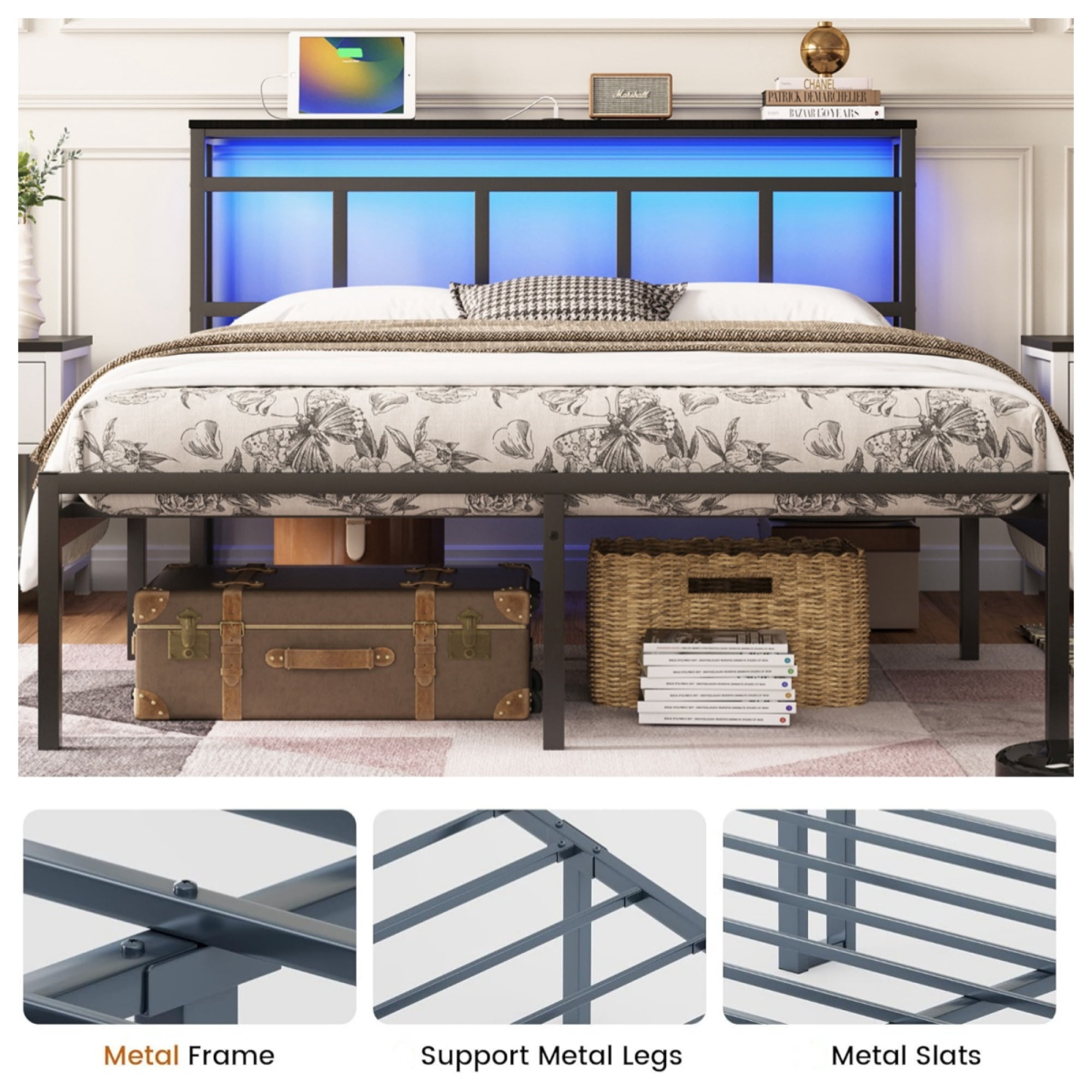 Leumius Queen Size Bed Frame with Storage Headboard, Metal Platform Bed Frame with USB-C,Type-C and LED Light for Teens and Adults Black