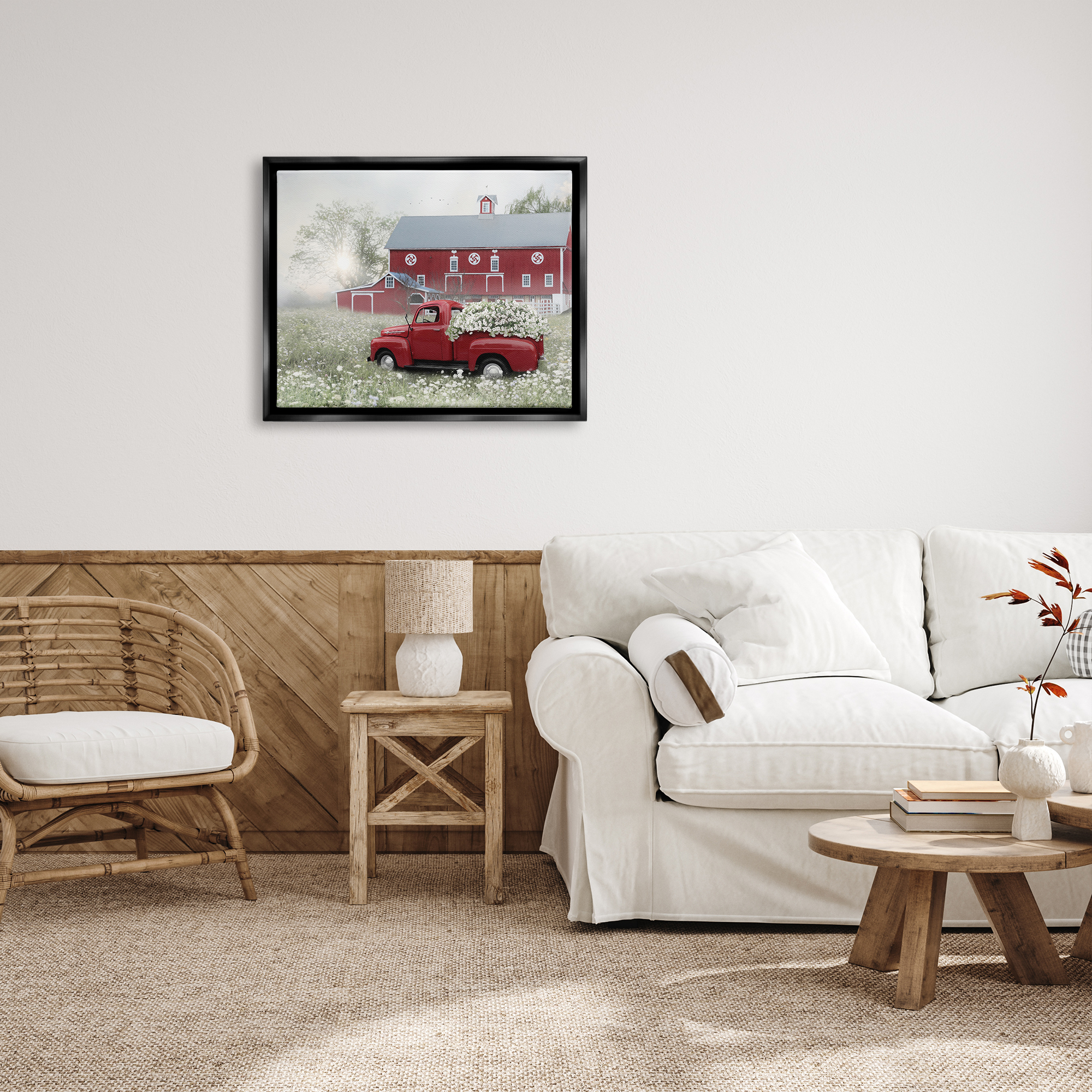 Stupell Red Truck Floral Country Meadow Transportation Painting Black Floater Framed Art Print Wall Art